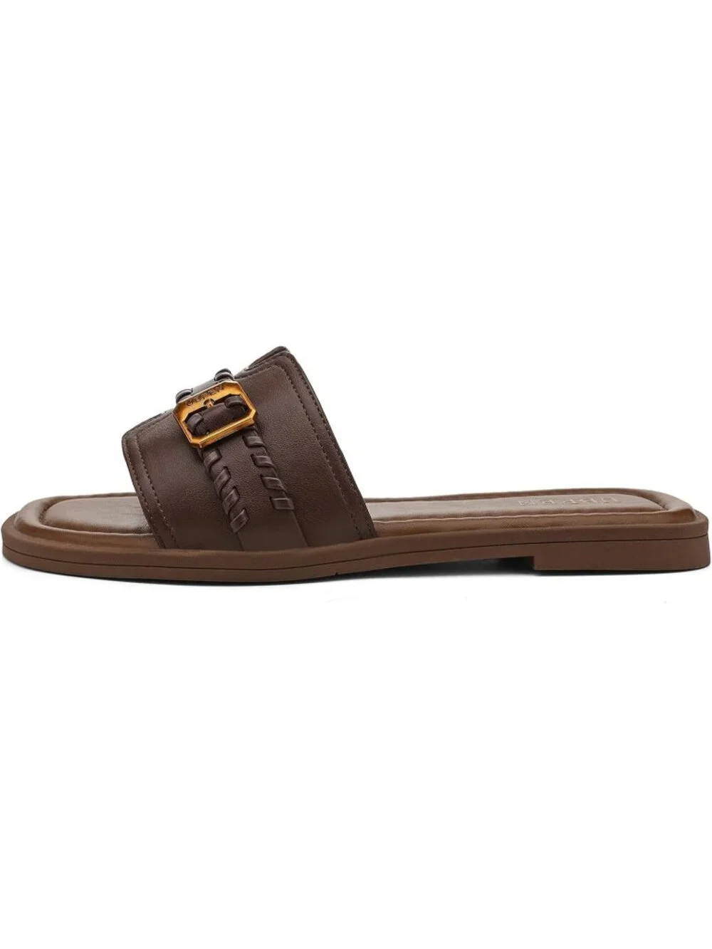 Women's Dark Brown Square Toe Flat Sandals Slides Dressy Comfortable for Casual